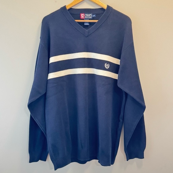 Chaps Ralph Lauren Knit V Neck Navy Blue Sweater - Picture 2 of 6